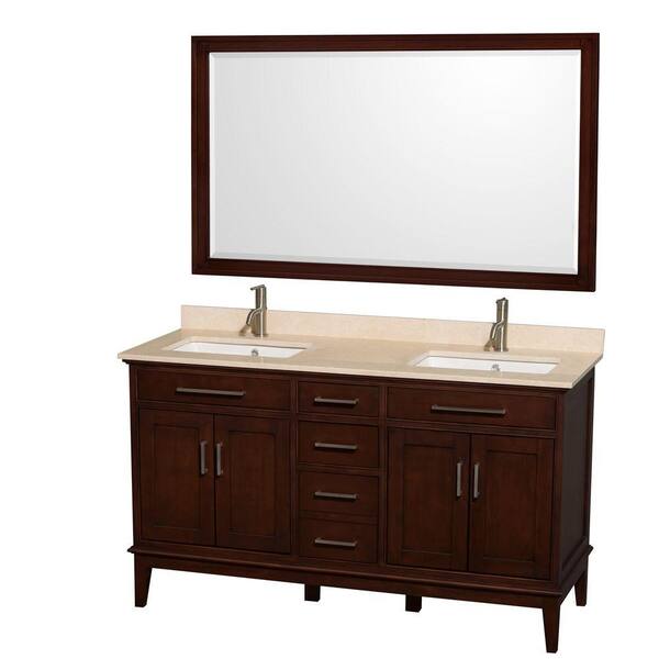 Wyndham Collection Hatton 60 in. Vanity in Dark Chestnut with Marble Vanity Top in Ivory, Square Sink and 56 in. Mirror