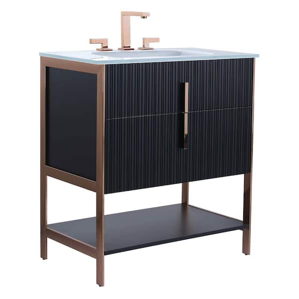 FINE FIXTURES 30 in. W x 18 in. D x 33.5 in. H Bath Vanity in Black with Glass Vanity Single Sink Top in White with Gold Hardware