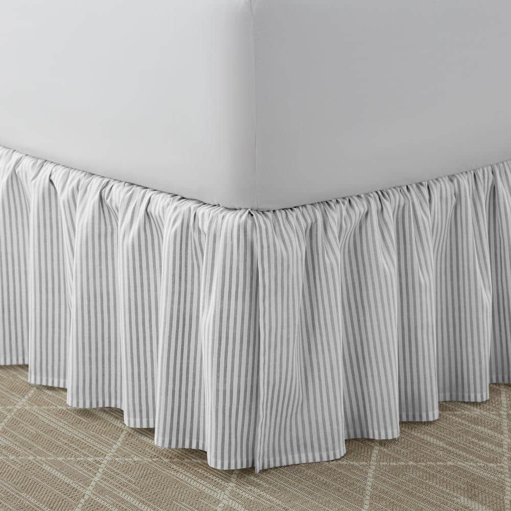 Twin Gray Cotton Ruffled Bed Skirt with Stripes