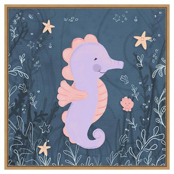 Amanti Art Seahorse and Turtle Blue, I by Hartworks 30 in. W x 30 in. H Canvas Float Frame in Brown