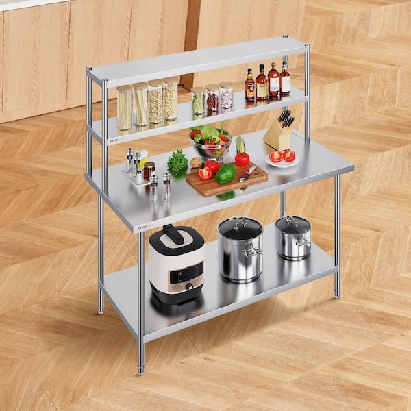 Double Overshelf 60 in. L x 12 in. W Double Stainless Steel Overshelf Height Adjustable Kitchen Utility Table,Silver