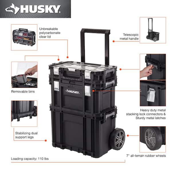 22 in Husky Portable Rolling Tool Box on Wheels Cart Part Organizer Storage Bin