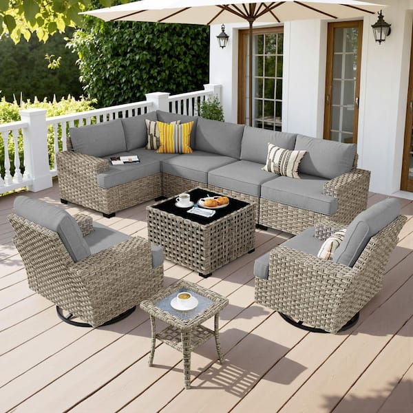XIZZI Eunoia 9-Pieces Wicker Patio Conversation Seating Sofa Set with Dark Grey Cushions and Swivel Rocking Chairs