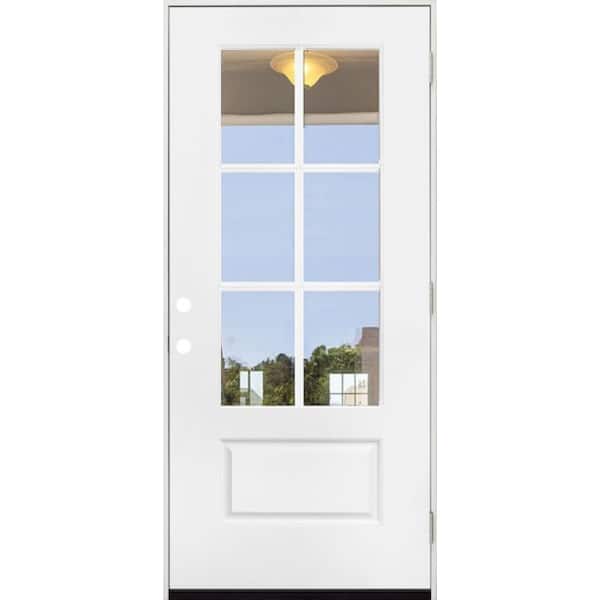 Steves & Sons 32 in. x 80 in. Legacy Series 6 Lite 3/4 Lite Clear Glass Left Hand Outswing White Primed Fiberglass Prehung Front Door