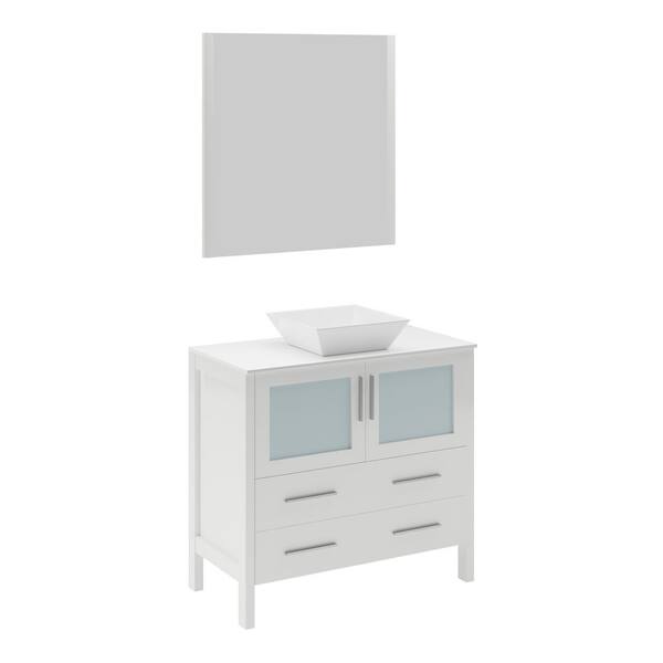 Fresca Torino 36 in. Vanity in White with Glass Stone Vanity Top in White with White Basin and Mirror (Faucet Not Included)