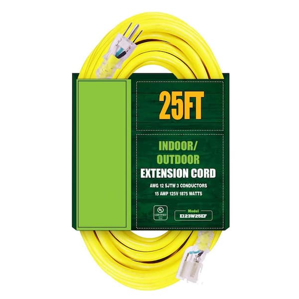 EKIEUDL 25 ft. 12 / 3 SJTW Heavy Duty Indoor / Outdoor Extension Cable with 3 Prong Grounded Plug Lighted End, Yellow
