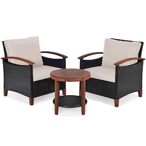 3-Piece Wicker Patio Conversation Set with Beige Cushions and 2-Tier Round Acacia Wood Table