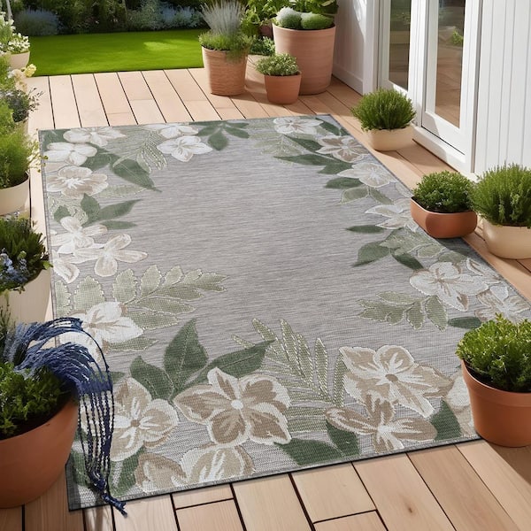 Eden 10 ft. x 14 ft. Green  Washable Border Floral Indoor Outdoor Area Rug