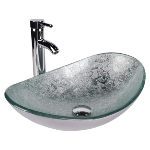 Puluomis 21 in . Bathroom Sink in Silver Multi-Colored Glass Oval Vessel Sink with Faucet Pop Up Drain Set