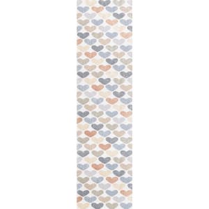 Dila Modern Hearts Geometric Machine-Washable Ivory/Blue/Orange 2 ft. x 8 ft. Runner Rug