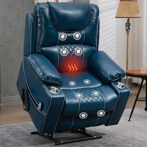 Enhanced Exclusive Oversized Faux Leather Recliner Chair with Massage, Heating and 2-Cup Holder - Blue (Dual OKIN Motor)