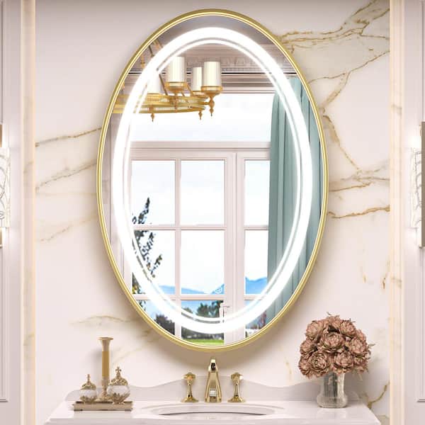 KeonJinn 24 in. W x 36 in. H Large Oval Framed Anti-Fog 3 Color Dimmable LED Wall Mount Bathroom Vanity Mirror in Gold