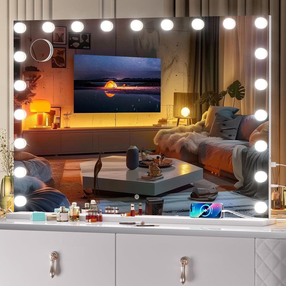White 30 in. W x 41 in. H Rectangle Framed Vanity Mirror with Lights, LED M