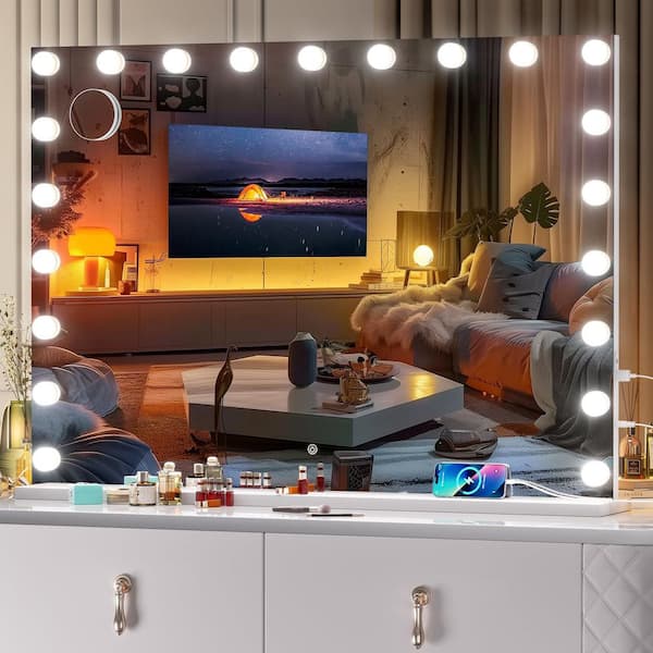 Vosuja 41 in. W x 30 in. H Rectangle Framed Vanity Mirror with Lights, White LED Makeup Mirror with 5X Magnification