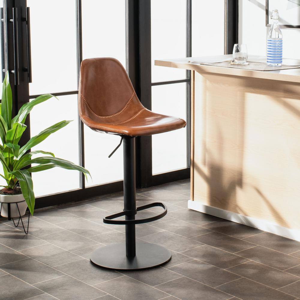 Cognac and Black Adjustable Swivel Bar Stool with Faux Leather