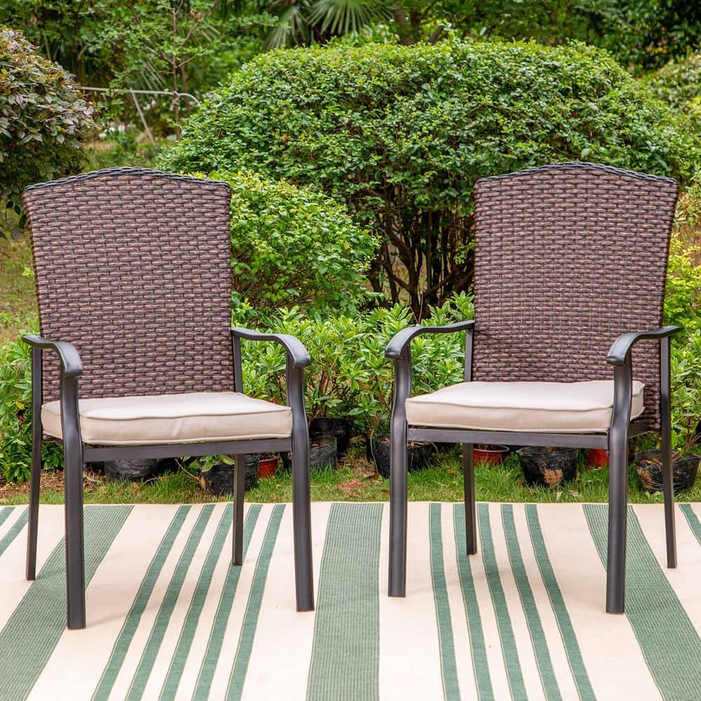 PHI VILLA Black Rattan Metal Patio Outdoor Dining Chair with Beige ...