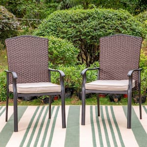 Black Rattan Metal Patio Outdoor Dining Chair with Beige Cushion (2-Pack)