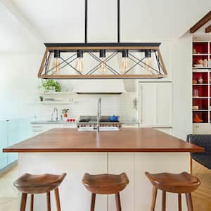 5-Light Walnut Color Hanging Chandelier Modern Kitchen Island Pendant Lighting, Metal Solid Ceiling Lights, No Bulbs