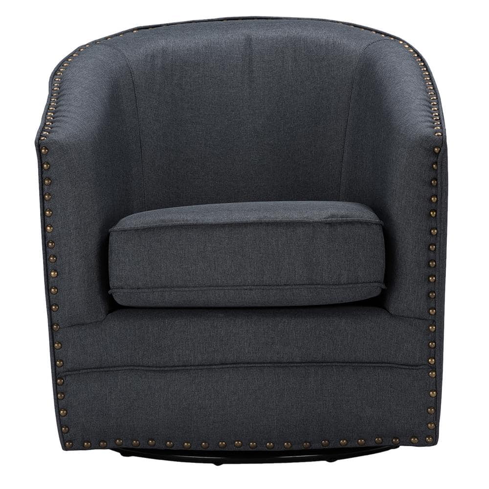 Gray Swivel Barrel Accent Chair with Nailhead Trim and Wood Base