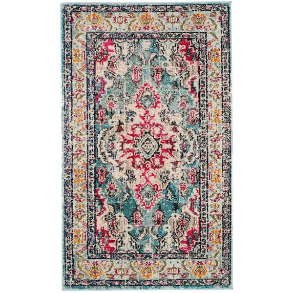 SAFAVIEH Monaco Light Blue/Fuchsia 4 ft. x 6 ft. Distressed Border Medallion Area Rug