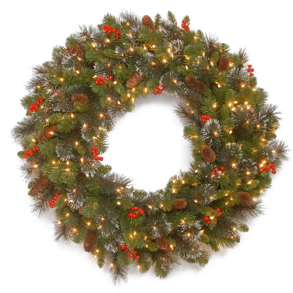 Red Berries Glitter and 200 Clear Lights Cones National Tree 36 Inch Crestwood Spruce Wreath with Silver Bristles CW7-306-36W-1 