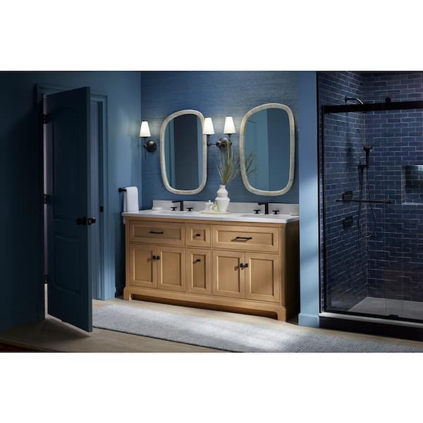 Charlemont 73.75in. Double Sink Freestanding Light Oak Bath Vanity with White Quartz Top Assembled