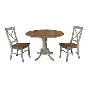 Brynwood 3-Piece 42 in. Hickory/Stone Round Drop-Leaf Wood Dining Set with Alexa Chairs