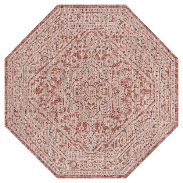 Sinjuri Medallion Textured Weave Red/Taupe 8 ft. Octagon Indoor/Outdoor Area Rug