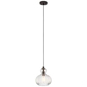 Riviera 10.25 in. 1-Light Olde Bronze Transitional Shaded Kitchen Mini Pendant Hanging Light with Clear Ribbed Glass