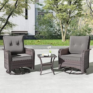 3-Piece Wicker Swivel Outdoor Rocking Chair with Cushion Gray