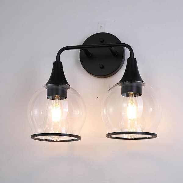 Lightania 13.5 in. 2-Light Matte Black Vanity Light with Clear Glass Shade