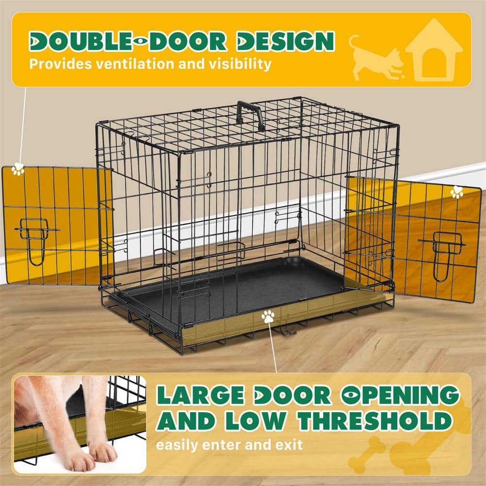 Small Black Wire Double Door Dog Crate with Tray