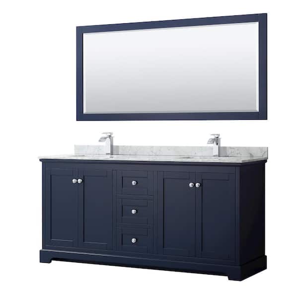 Wyndham Collection Avery 72 in. W x 22 in. D x 35 in. H Double Bath Vanity in Dark Blue with White Carrara Marble Top and 70 in. Mirror