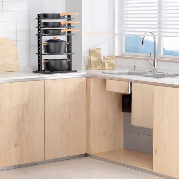 Black Under-Cabinet Expandable Standing Pot Rack, 6-Tier Adjustable Kitchen Organizer for Pots, Pans, Lids and Cookware