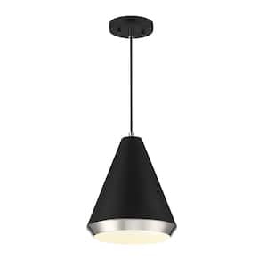 10 in. W x 12 in. H 1-Light Matte Black and Polished Nickel Standard Pendant Light with Matte Black Metal Shade