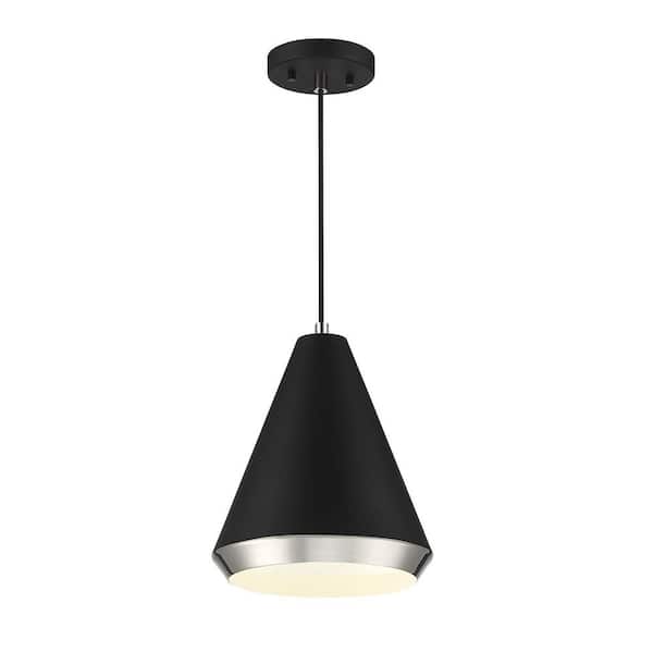 TUXEDO PARK LIGHTING 10 in. W x 12 in. H 1-Light Matte Black and Polished Nickel Standard Pendant Light with Matte Black Metal Shade