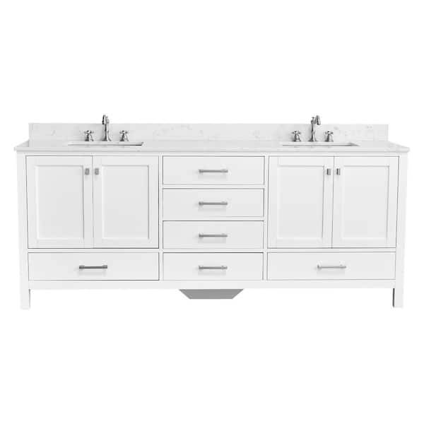 Bath Mist 84 in. W. Double Sink Freestanding Bath Vanity in White with White Engineered Top