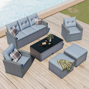 6-Piece Wicker Patio Conversation Set with Dark Grey Cushions
