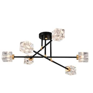 6-Light Matte Black and Gold Modern Branch Chandelier with 6*G9 Bulbs, Clear Glass Shades, for Dining Room, Living Room