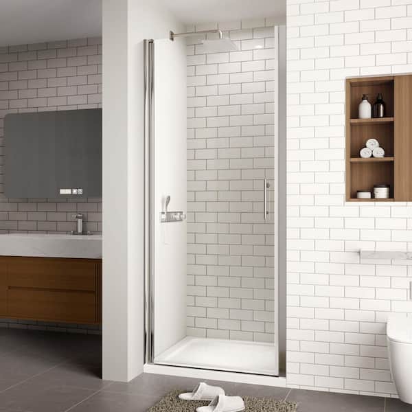 Modern 28 to 29-3/8 in. W x 72 in. H Pivot Frameless Shower Door in Chrome Finish with 1/4 in. (6mm) Clear Glass