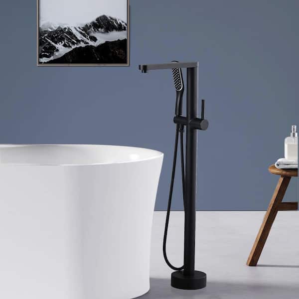 Satico 1-Handle Freestanding Floor Mount Tub Faucet Bathtub Filler with Hand Shower in Matte Black