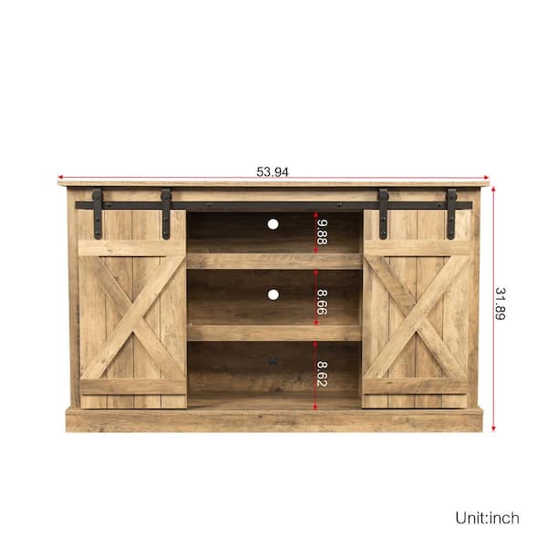 Angel Sar 53.90 in. Oak Farmhouse Sliding Barn Door TV Stand Fits TV's up to 65 in. with Ranch Rustic Style