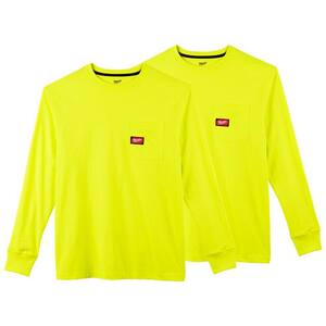 Men's Large High Visibility Heavy-Duty Cotton/Polyester Long-Sleeve Pocket T-Shirt (2-Pack)