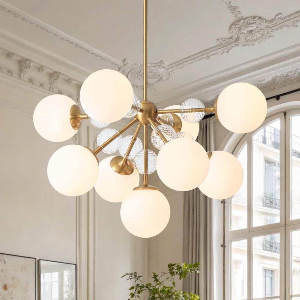 9-Light Brushed Gold Modern Sputnik Style Chandelier Hanging Pendant with Opal Globe Glass Shade price history on PriceWatchPro