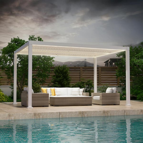 Sonkuki 10 ft. x 13 ft. Aluminum Freestanding Patio Pergola Solar Panel LED strings Outdoor Louvered Roof pergola, White