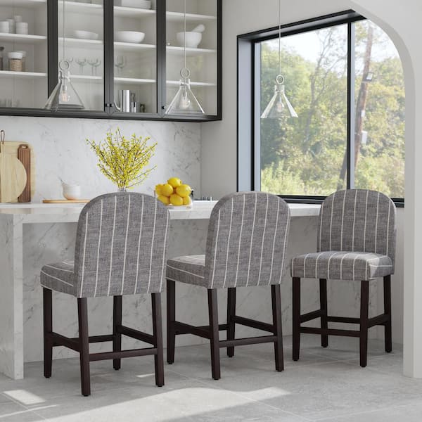 24 in. Midnight Stripe Woven Rounded High Back Dark Walnut Wood Bar Stool Counter Stool with Polyester 1 Stool Included