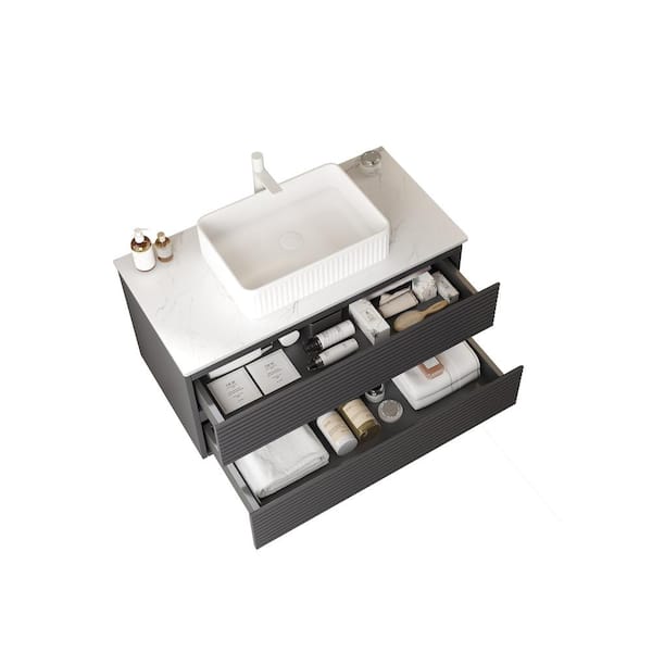 Baye 35.83 in. W Floating Gray Single Sink Bath Vanity w/ White Ceramic Sink and White Engineered Marble Top Unassembled