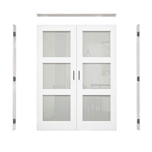 60 in. x 96 in. 3-Lite Frosted Glass Universal White Solid Core Glass Double Prehung French Door+ Frame Set & Ball Catch