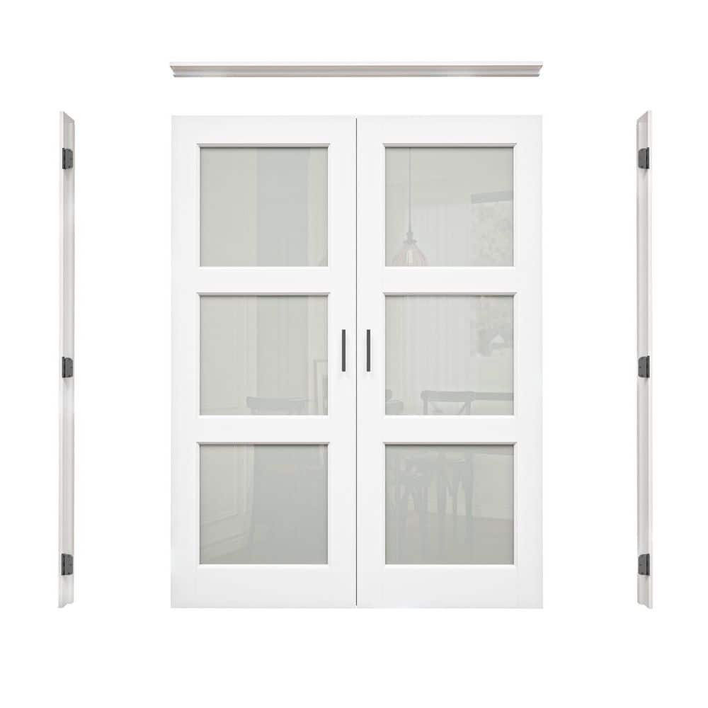 64 in. x 96 in. 3-Lite Frosted Glass Universal White Solid Core Glass Double Prehung French Door+ Frame Set&Ball Catch price history on PriceWatchPro