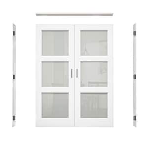 56 in. x 80 in. 3-Lite Frosted Glass Universal White Solid Core Glass Double Prehung French Door + Quick Jamb&Ball Catch